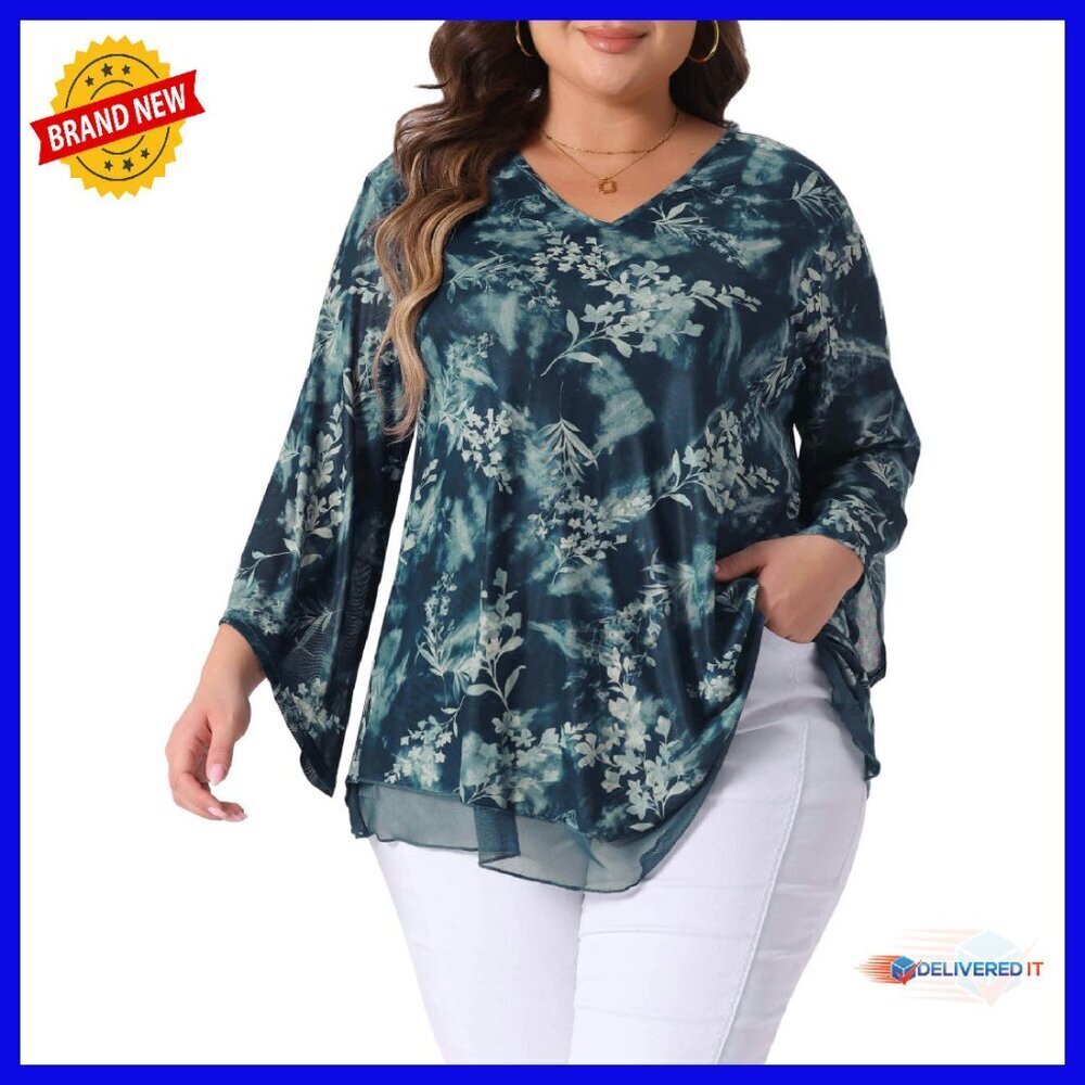 Plus Size Mesh Tunic Blouse 3/4 Flared Sleeve V Neck Work Casual